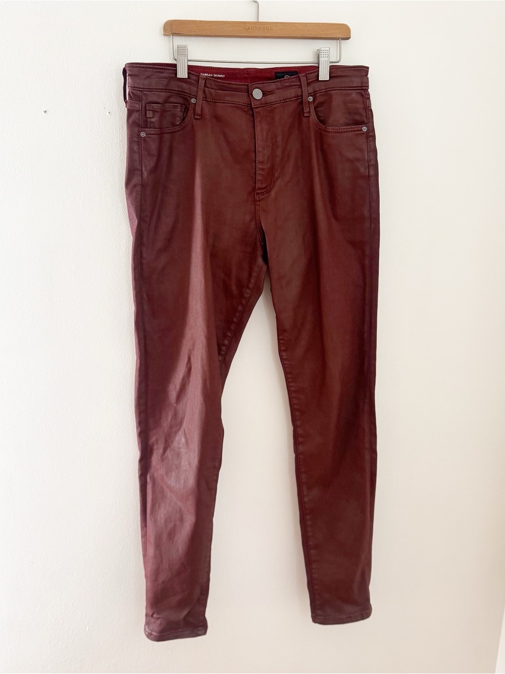 AG Adriano Goldschmied Burgundy Coated Skinny Jeans